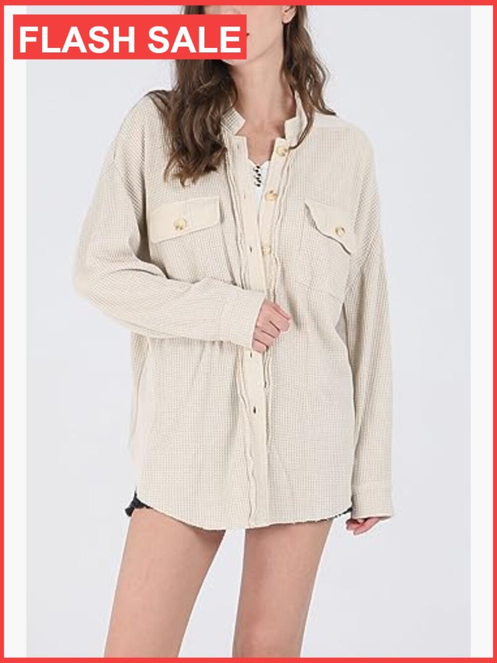 Waffle Knit Button Down Shacket Loose Fit Batwing Sleeve - Picture 4 of 6